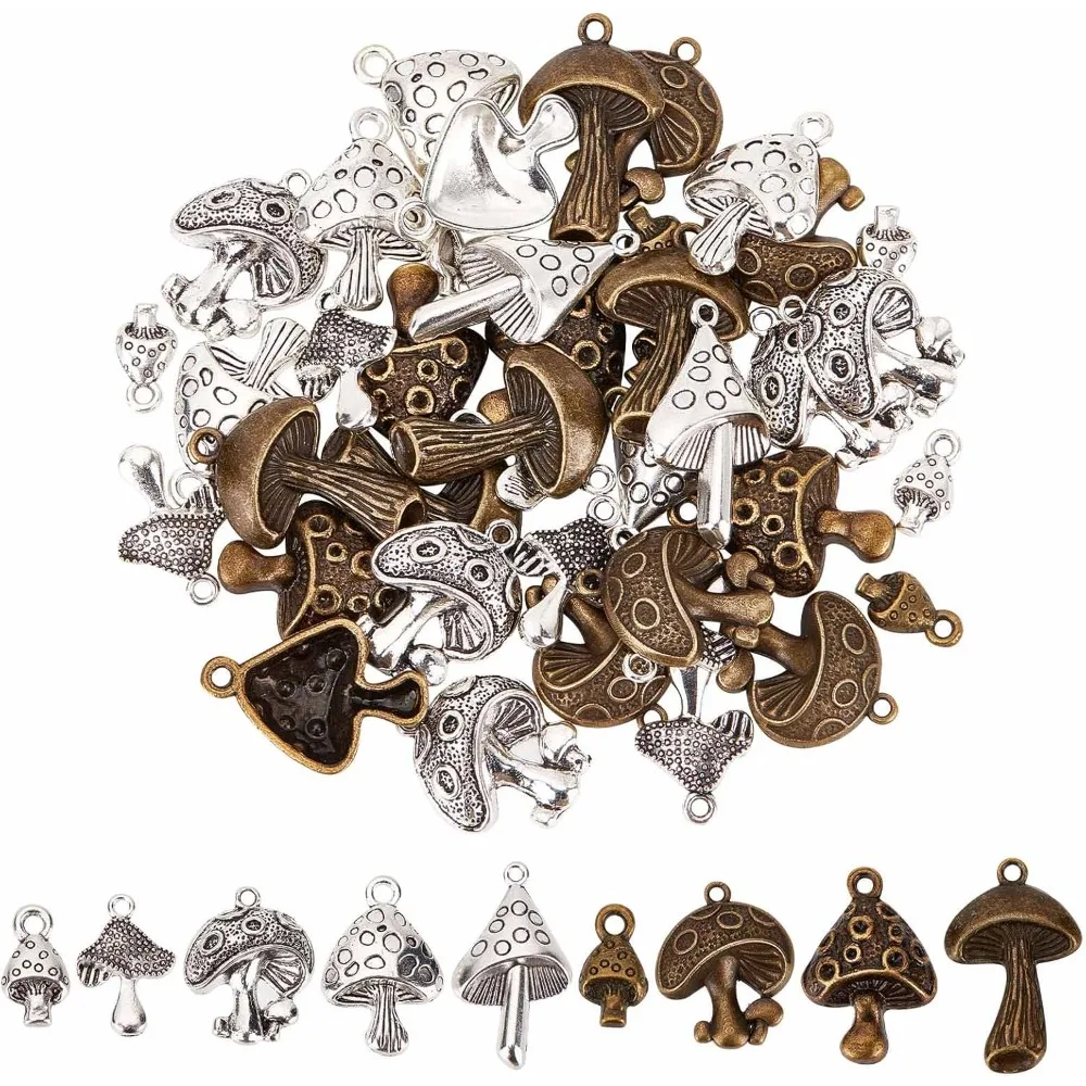 1 Box 54Pcs Mushroom Charms Bulk Assorted Mushroom Charm Style Antique Bronze Magic Plant Pendants