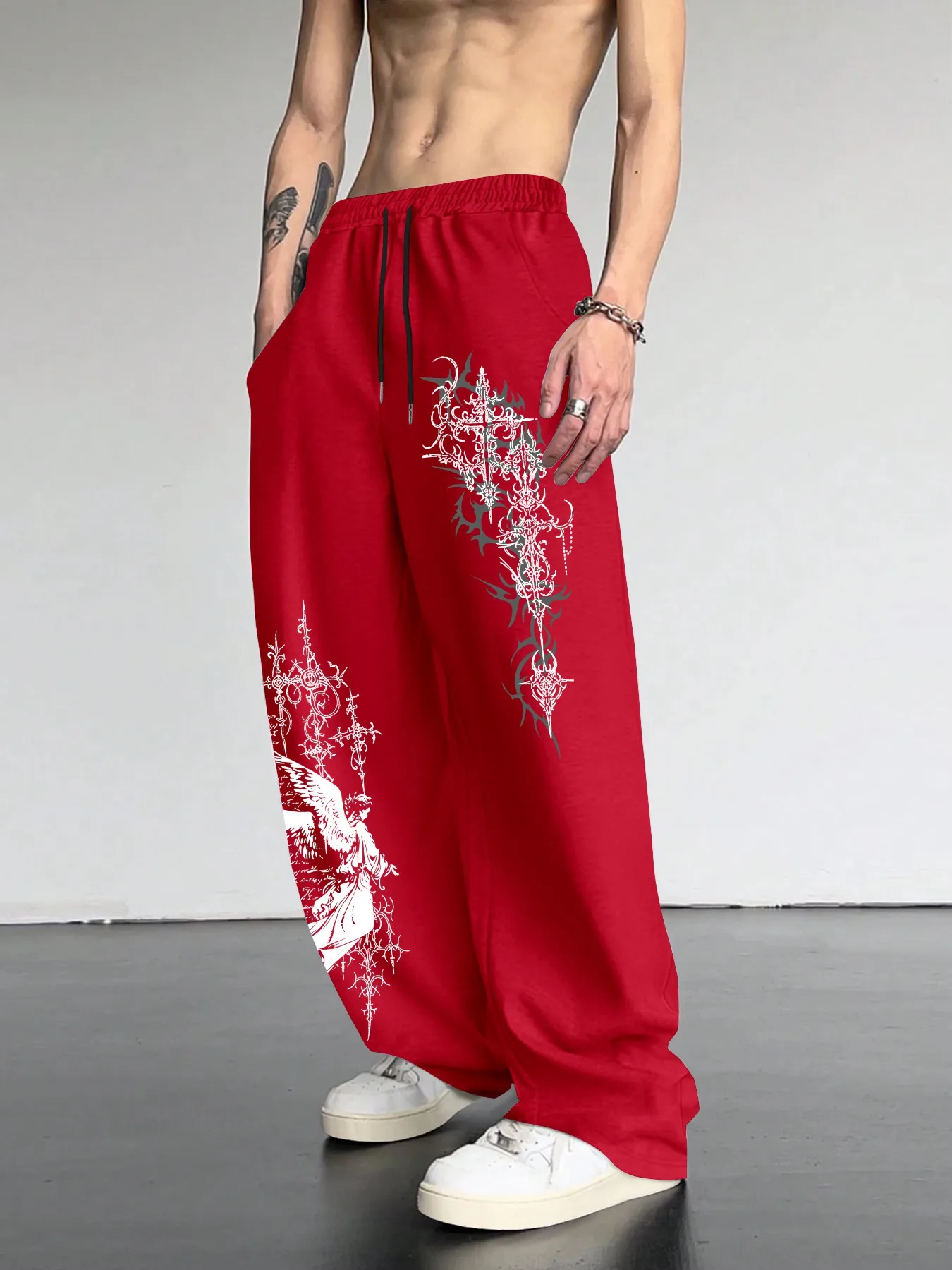 Men Cross Angel Print Straight Sweatpants Elastic Drawstring Waist Loose Comfort Trousers Trend Streetwear Versatile Daily S-3XL
