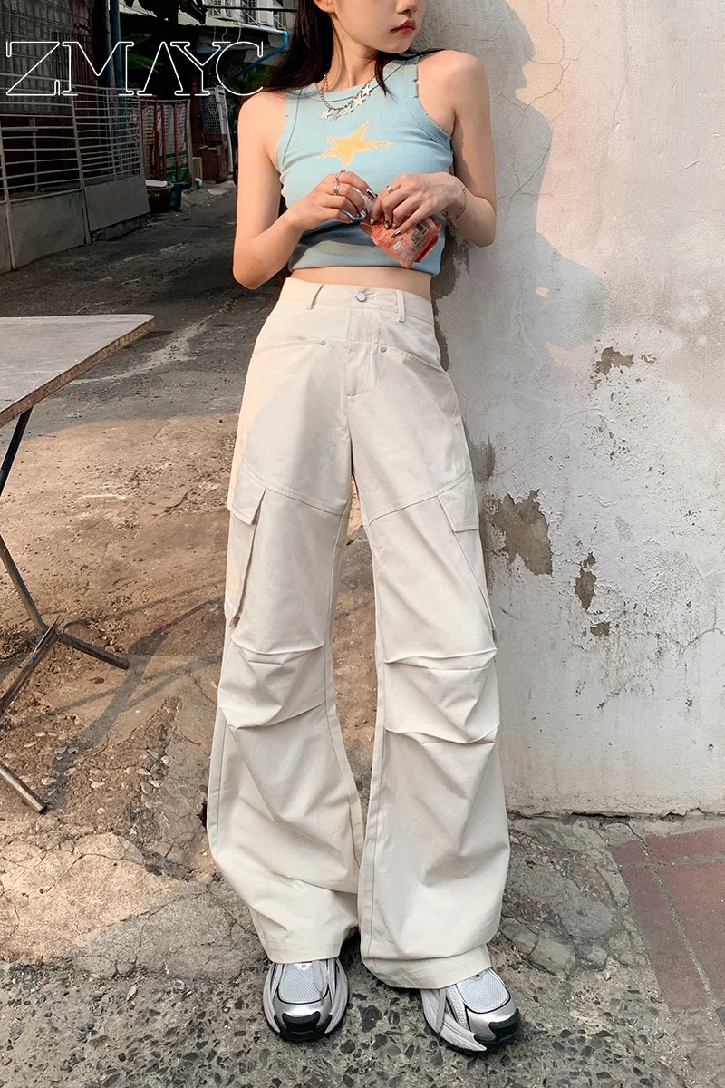 ZMAYC Women's Y2K Cargo Pants Vintage Solid Color Baggy Straight Trousers Female Streetwear Casual Wide Leg High Waist Pants