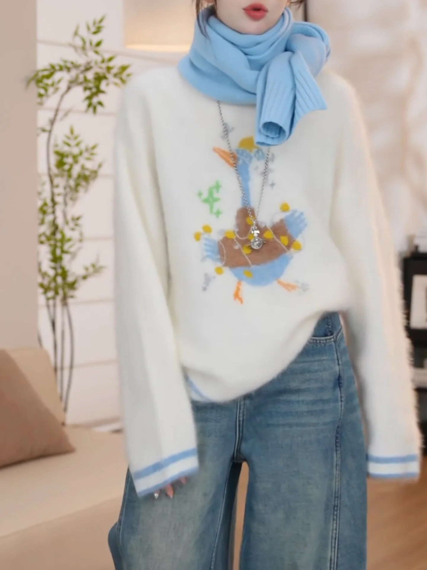 

Soft Cozy Large Size Knitted Sweater Cute Cartoon Pattern White Loose Fem Upperwear Korean Sle Commute Warm Long Sve