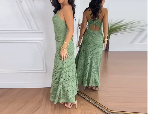 Sexy oco para fora vestido de malha para as mulheres verão wear 2025 temperamento feminino luz verde magro moda cintura alta vestidos sereia