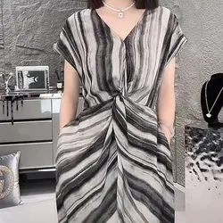 Female Clothing Elegant V-Neck Long Dress Casual Short Sleeve Summer Stylish Printed Folds Commute Spliced A-Line Waist Dresses