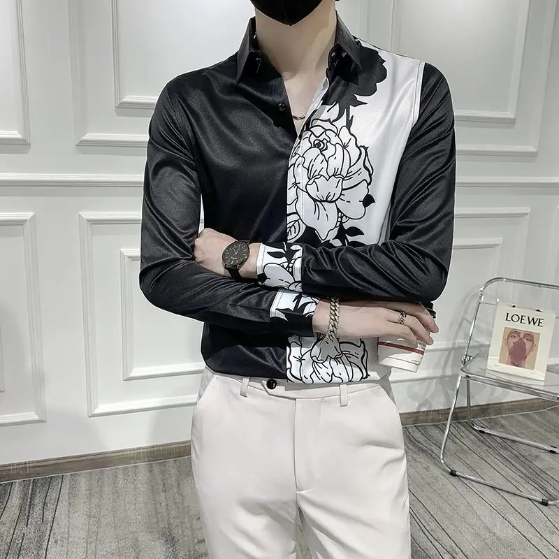 Turn-down Collar Formal Business Temperament Button Printing Asymmetrical Spring Summer Thin Men's Clothing Fashion Casual Loose