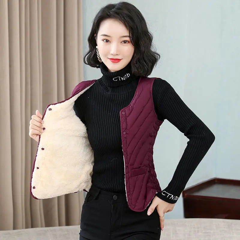 Women Autumn Winter Fashion Simplicity All-match Button Solid Color V-neck Women Clothes Appear Thin Cotton Liner Thick Vest top