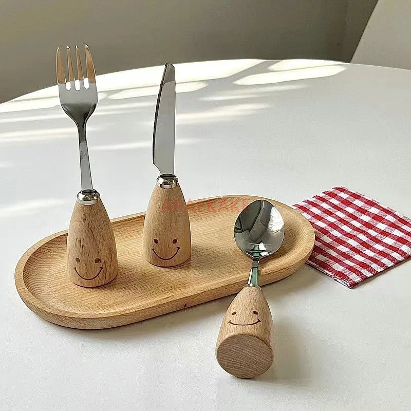 Cute and minimalist smiling face, wooden handle, knife, fork, spoon ins, stainless steel fruit fork, spoon, soup spoon, Western