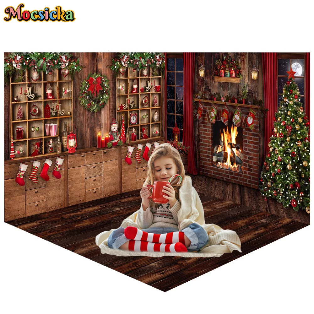 Mocsicka Christmas Home Background Photography Xmas Tree Fireplace Snow Decor Kid Family Portrait Photo  Studio Banner