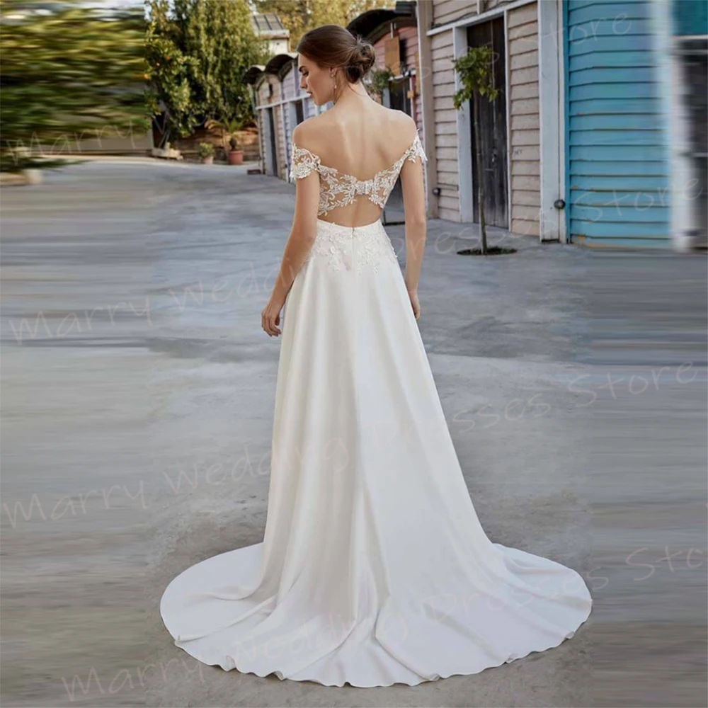 Gaun pernikahan wanita garis A elegan gaun pengantin applique renda cantik gaun pengantin modis Off The Shoulder Backless Vestidos De Novia