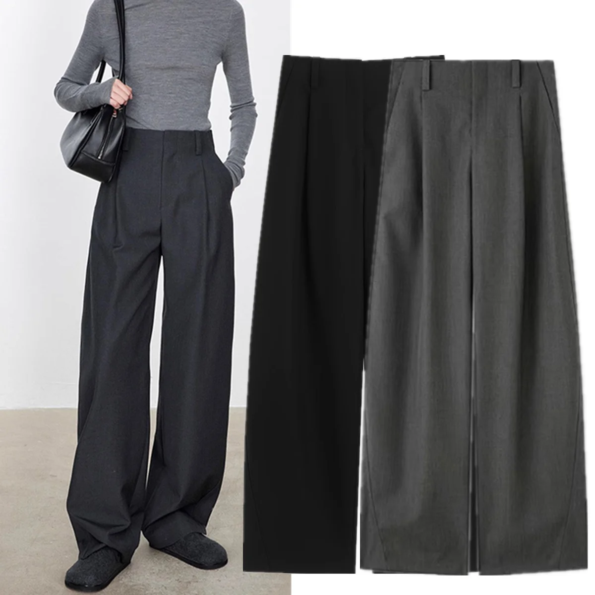 

Jenny&Dave French Fashion Women's Clothing Wool Wide Leg Pants Minimalist Retro High Waisted Loose Casual Pants For Women