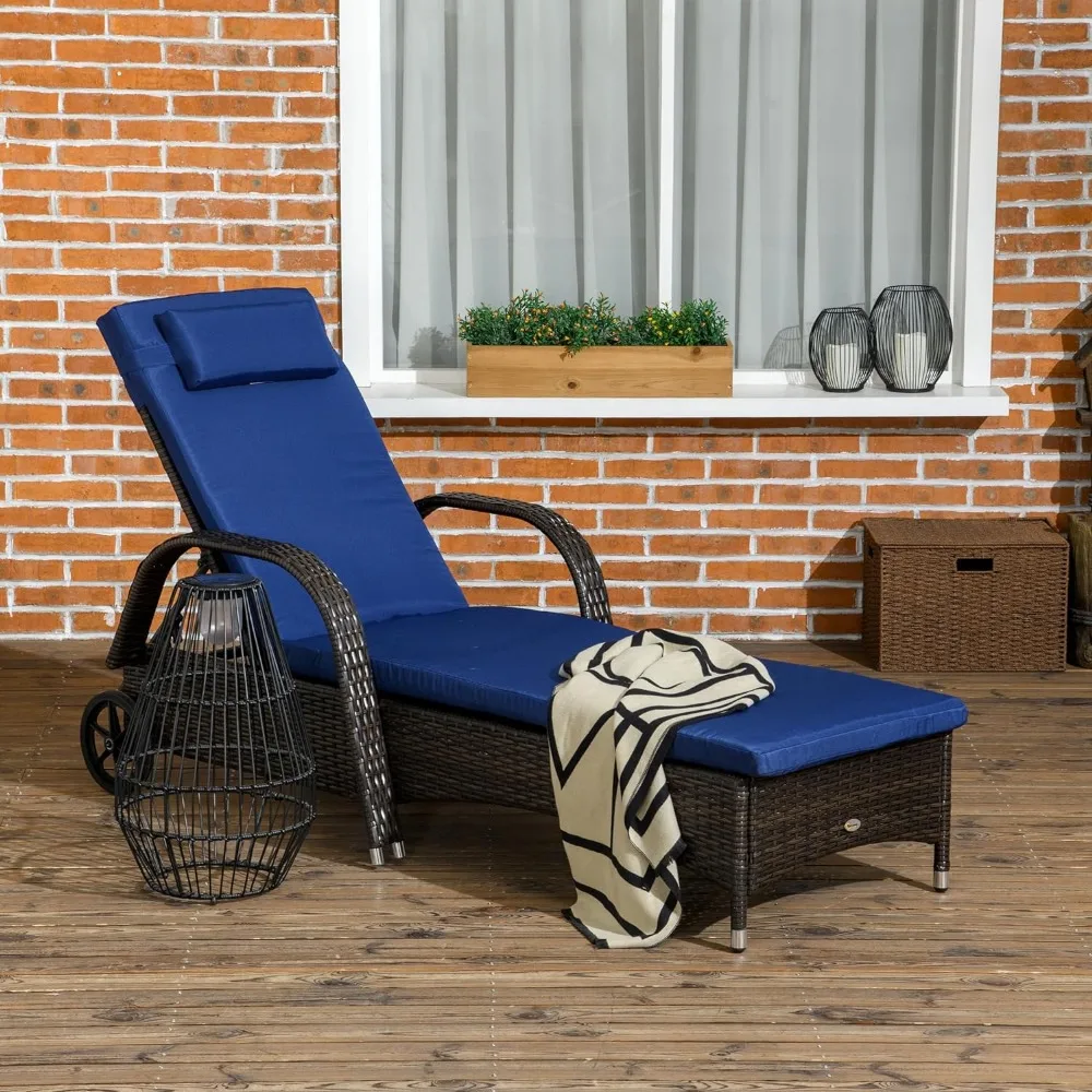 Wicker Outdoor Chaise Lounge, 5-Level Adjustable Backrest PE Rattan Pool Lounge Chair with Wheels, Cushion & Headrest