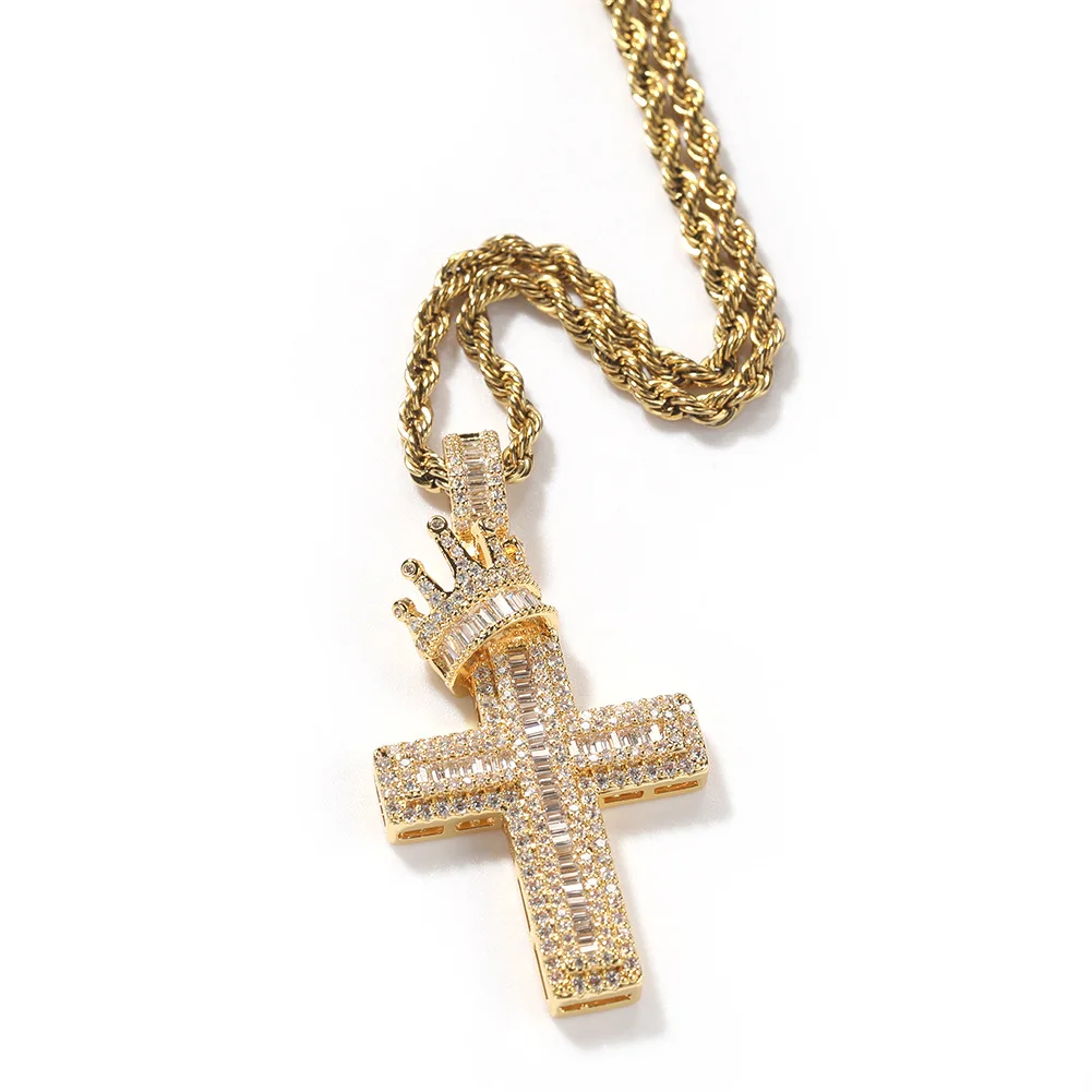 

Hip Hop Claw Setting AAA+ CZ Stone Bling Iced Out Crown Cross Pendants Necklaces for Men Rapper Jewelry Gift Gold Silver Color