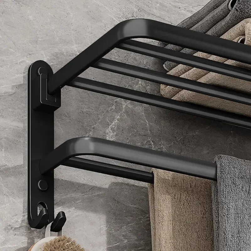 50CM Foldable Towel Rack with Hook Wall Mounted Aluminum Bar Holder Matte Black for Bathroom Kitchen Hotel SPA Home Decor