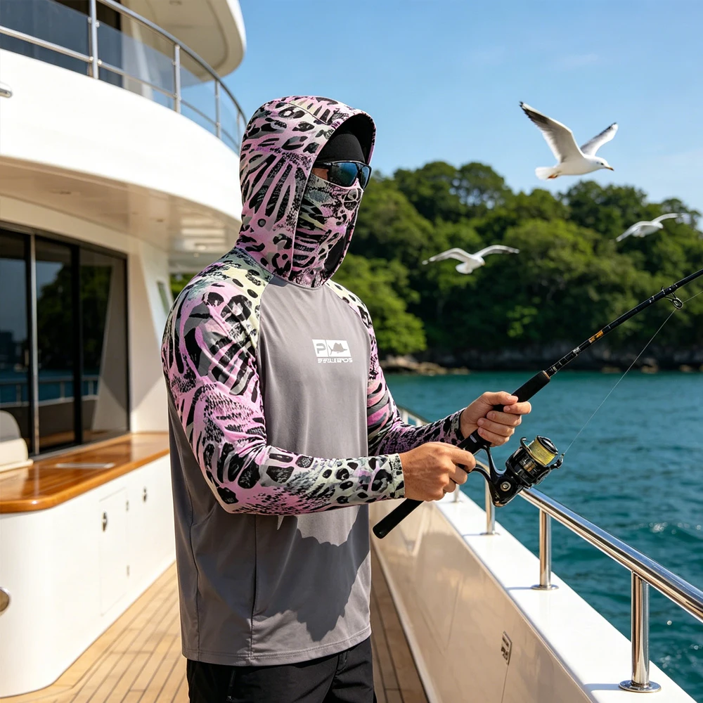 Outdoor Sports Men's Long Sleeve Fishing Hoodie With Face Mask Anti UV Soft Breathable Fishing Shirt Angling Fishing Clothes