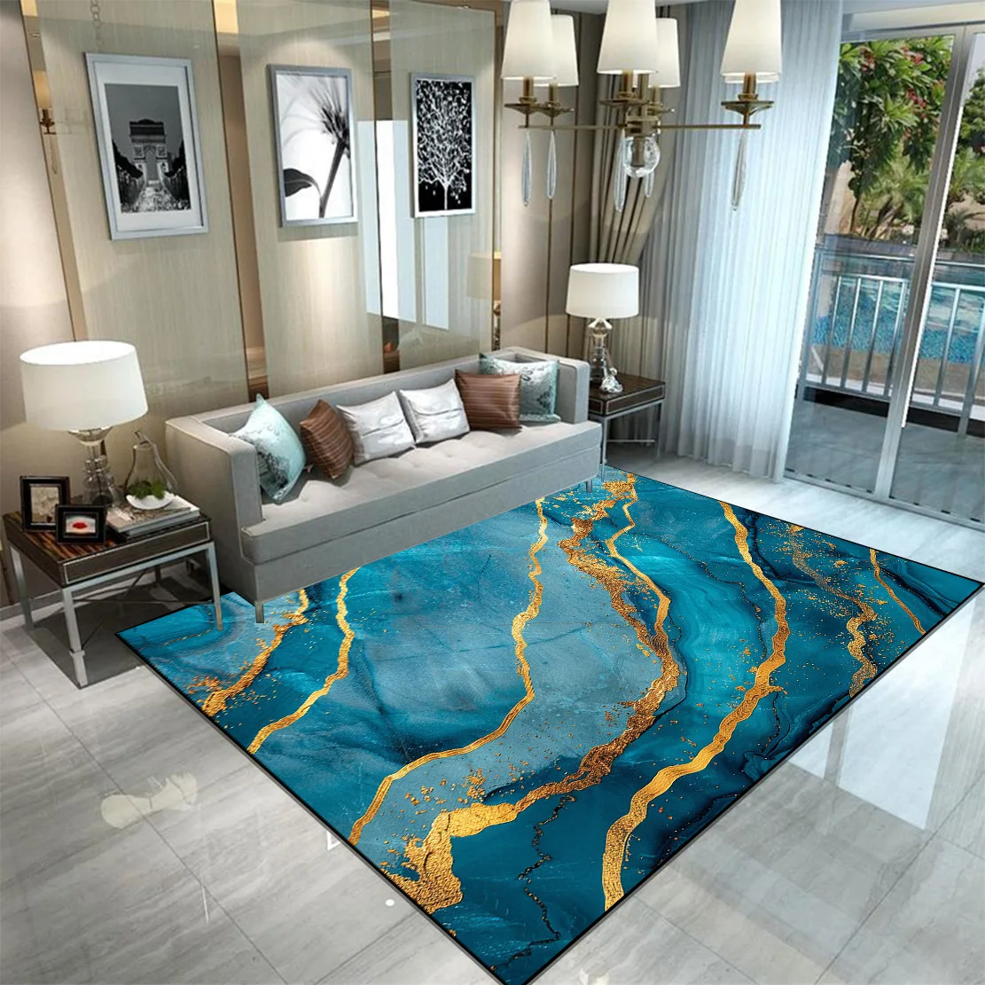 Blue Gold Marble Abstract Area Rug Modern Luxury Living Room Decorative Carpet Mat for House Home Decor Gift