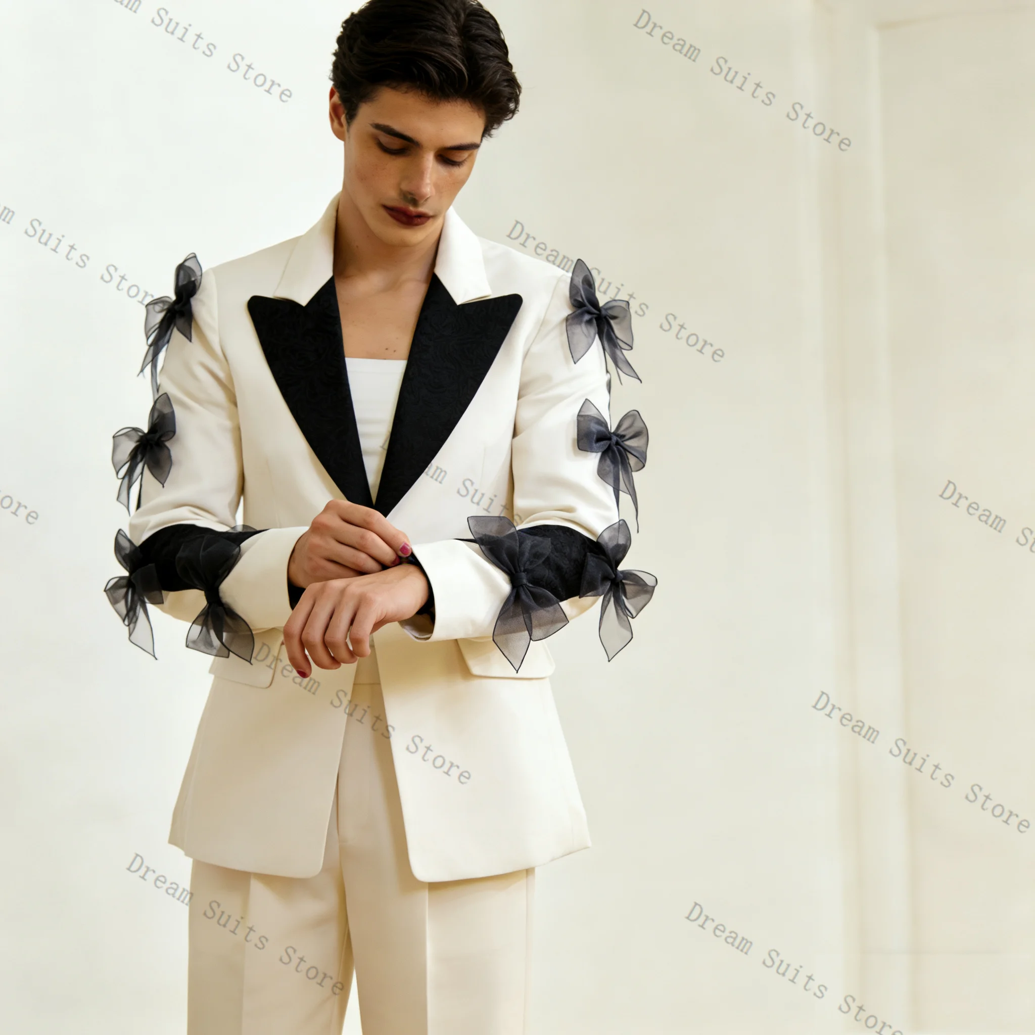 

Black Bow Men Suit Set 2 Pcs White Blazer+Pants Trousers Customized Spring Cotton Formal Office Jacket Wedding Tuxedos Prom Coat