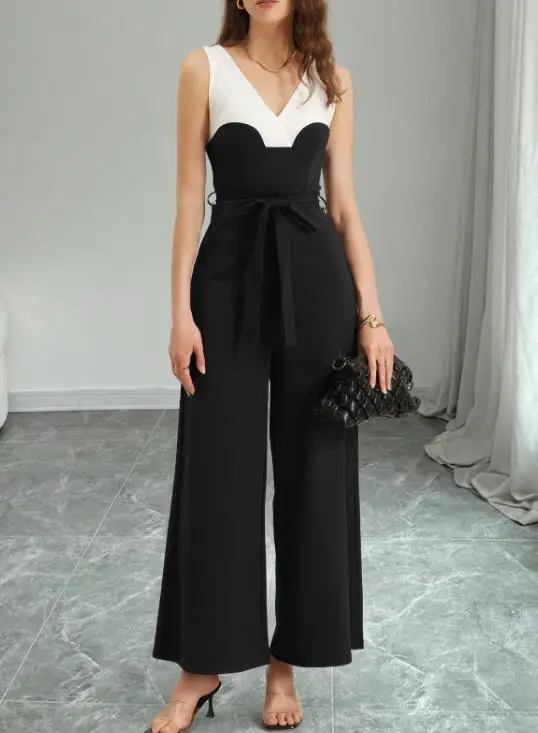 

Лето 2026, минималистичный комбинезон без рукавов в пригородном стиле, черно-белый, с контрастной талией, новое поступление