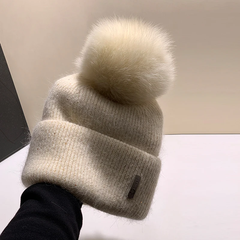 Winter real fox Fur Pompom Hats angola Beanie for Women Knitted Hats Outdoor Thick Warm Hat Casual Fashion Cap Solid color