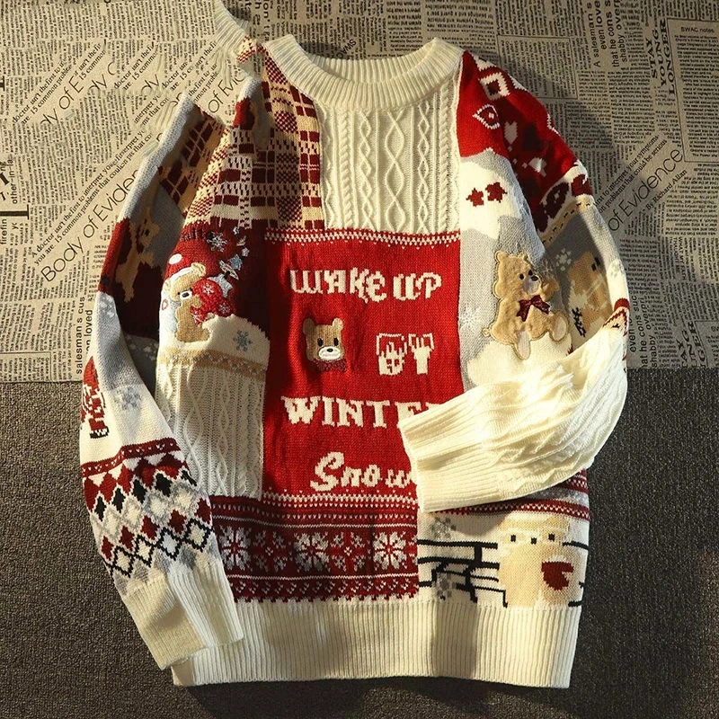 

Christmas Spliced bear Sweater Couple Celebrates New Year Red Loose Fashionable and Versatile Knitted Jacket