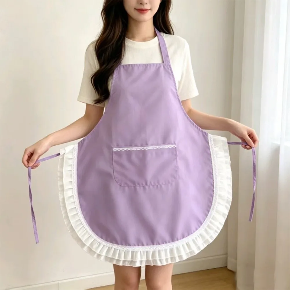 New Lace Ruffled Trim Aprons Stain-proof Splash-proof Fabric Cooking Apron Breathable Solid Color Household Apron For Kitchen