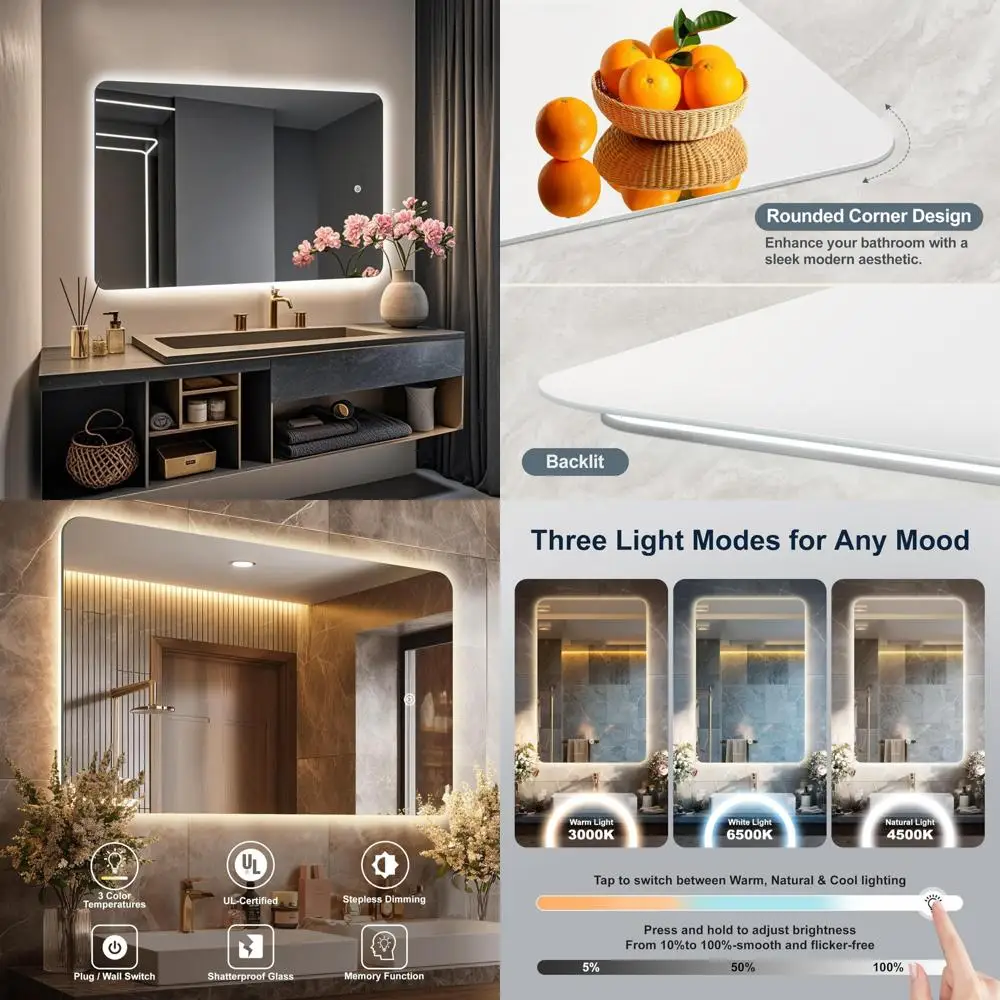 Rechthoekige frameloze LED-badkamerspiegel met achtergrondverlichting en afgeronde hoeken, onbreekbaar en dimbaar