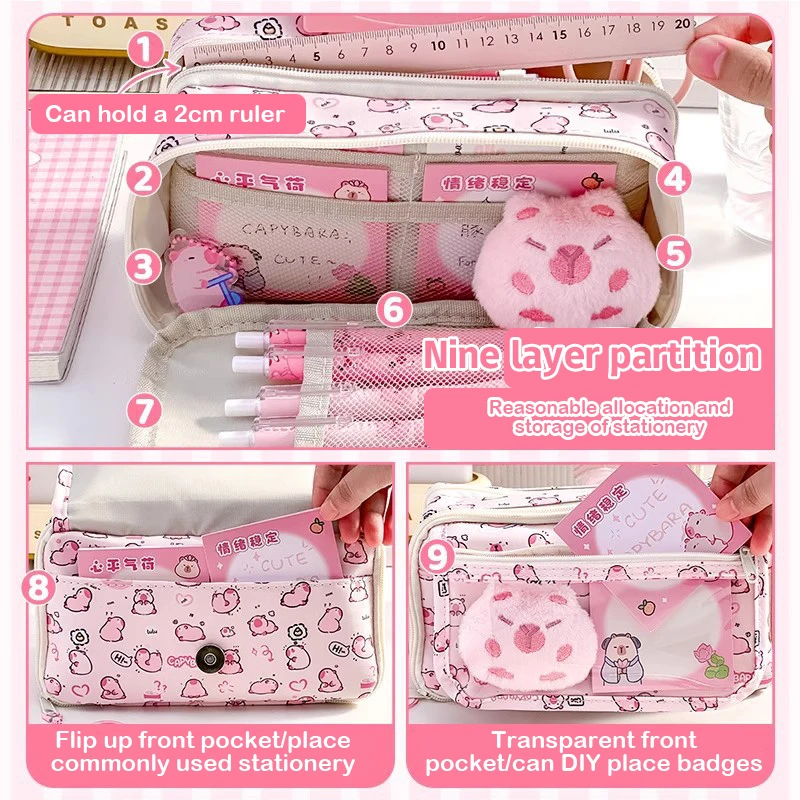 Cartoon Pink Capybara Pencil Storage Bag Kawaii Pencil Box Large Capacity Pencil Case School Stationery Case Makeup Bag