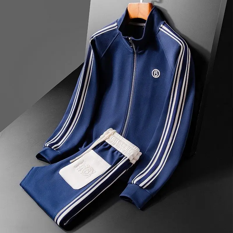 

Spring and Autumn new products contrasting color webbing sports suit men's stand-up collar jacket trousers handsome piece set