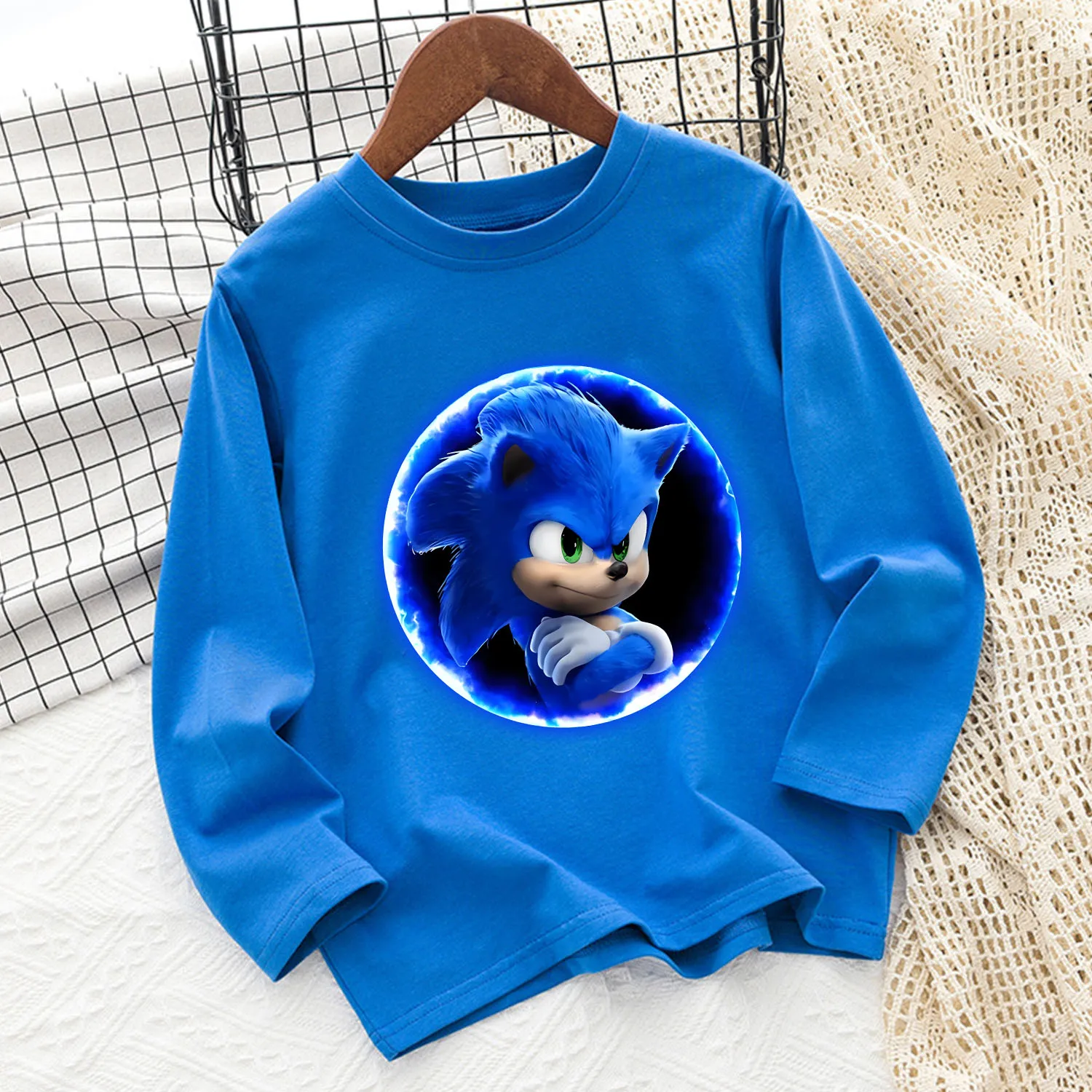 Sonic Long Sleeve for Children Cute Cartoon Clothing New Anime Blue Casual Caftan Fashion Kids Clothes Round Collar Blouse Gift