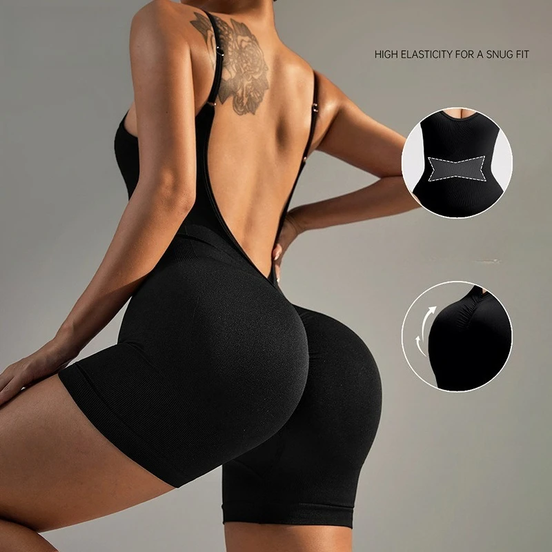 Women Deep V Neck Crisscross Back Yoga One Piece Shorts No Camel Toe Butt Lifting Bodycon Fitness Workout Jumpsuit