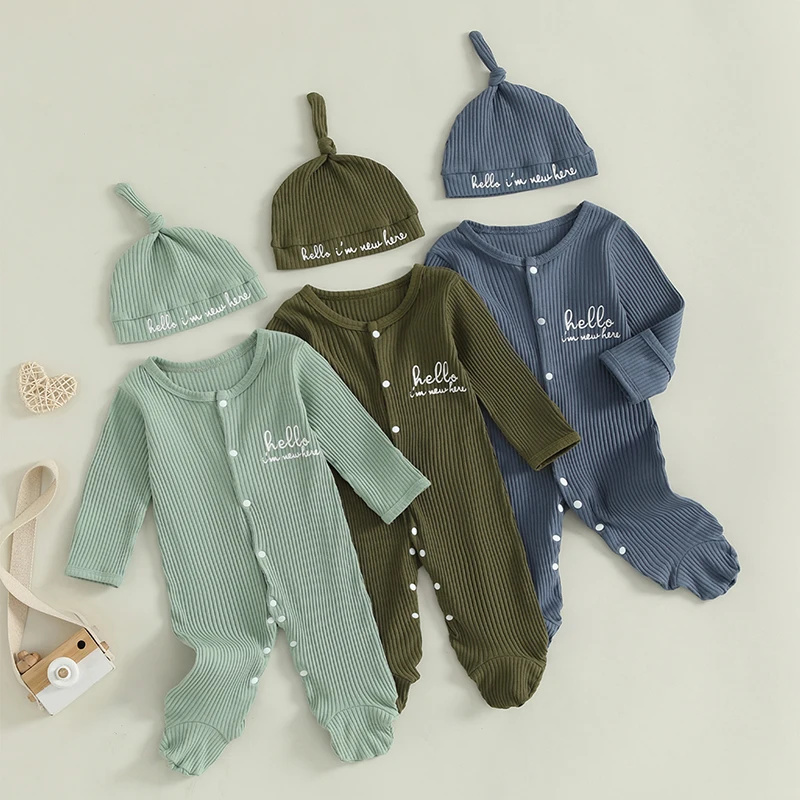 

Baby Boy Casual Footie Romper Letter Print Long Sleeve Ribbed Jumpsuit with Cute Hat Set for Newborn Infant Fall Clothes
