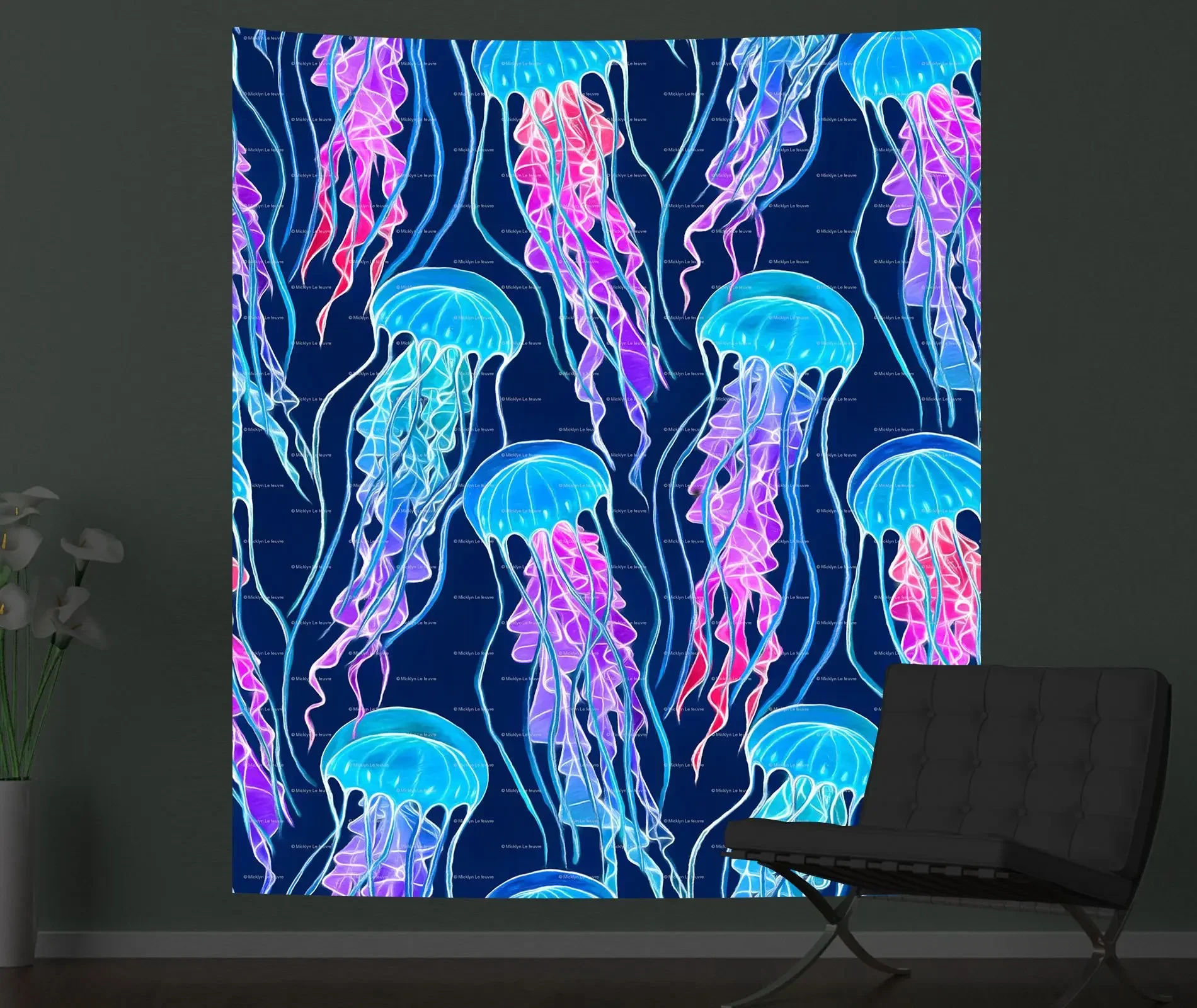 Black Light Tapestry Wall Hanging UV Reactive Psychedelic Jellyfish Hippie  for Bedroom Dorm Independent Room Decoration