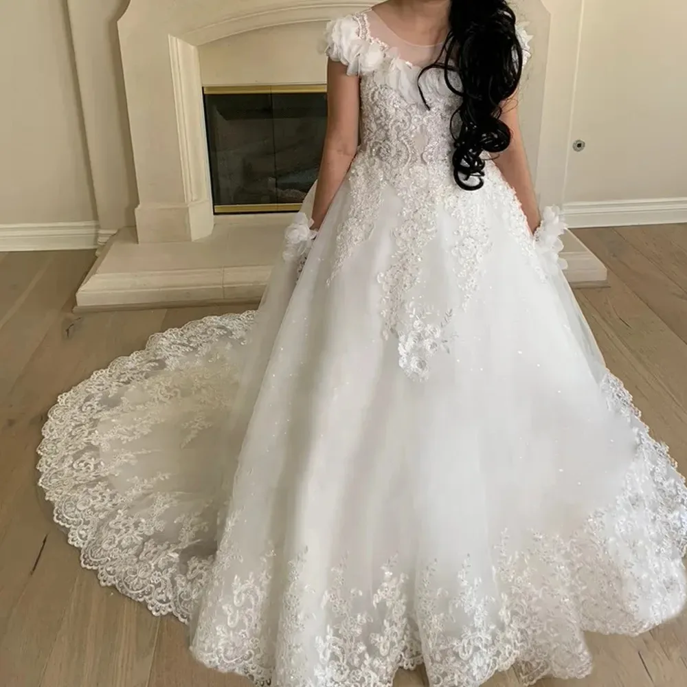 

White Sequins Flower Girl Dresses for Wedding Floral Lace Appliques Girl Kids Birthday Party First Communion Gown Customized