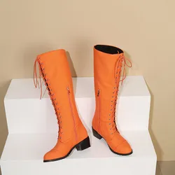 2024 New Women Cosplay Riding Knee High Boots Med Heels Lace Up Party Date Shoes Black Pink Orange Purple Plus Size 43