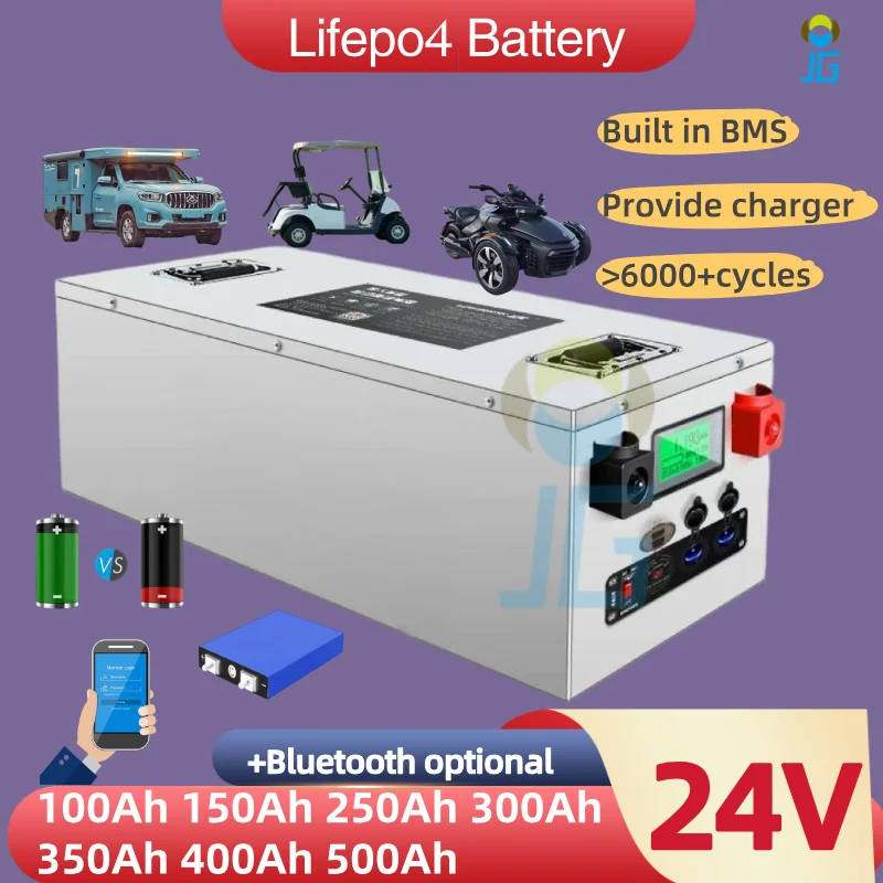 

JG 24V 200ah Lifepo4 Аккумулятор 100Ah 150Ah 250Ah 300Ah 350Ah 400Ah 500Ah Перезаряжаемый для 2000W Солнечная система ДБП Троллинговый двигатель