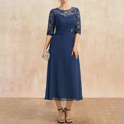 Elegant Mother of the Bride Dress Lace Appliques Tea-Length A-Line Long Wedding Guest Party for Women 2023 Formal Evening Gala