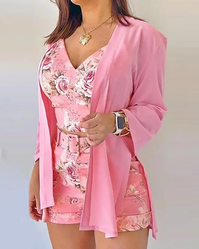 Leisure Commuter Three Piece Women's Set Printed V-Neck rose print Inner Top and Strap Belt Shorts Set Casual Suit Coat Set
