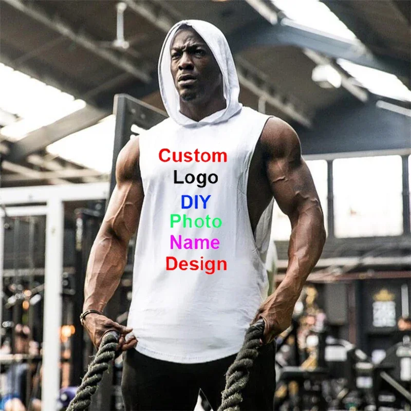 Customized Brand Logo Gym Sleeveless Shirt Mens Bodybuilding Fitness Hooded Tank Top Men DIY Graphics Printing Workout Clothing