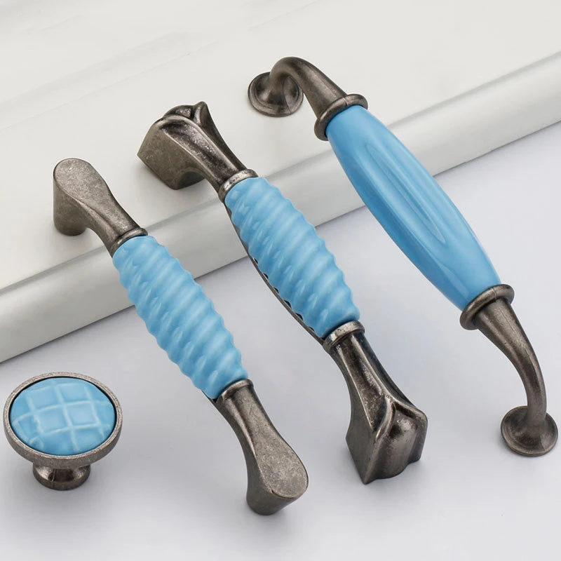 Chinese Ceramic Zinc Alloy Decorative Furniture Knobs Cabinet Wardrobe Door Handle Matte Blue Drawer Flush Handles Hardware