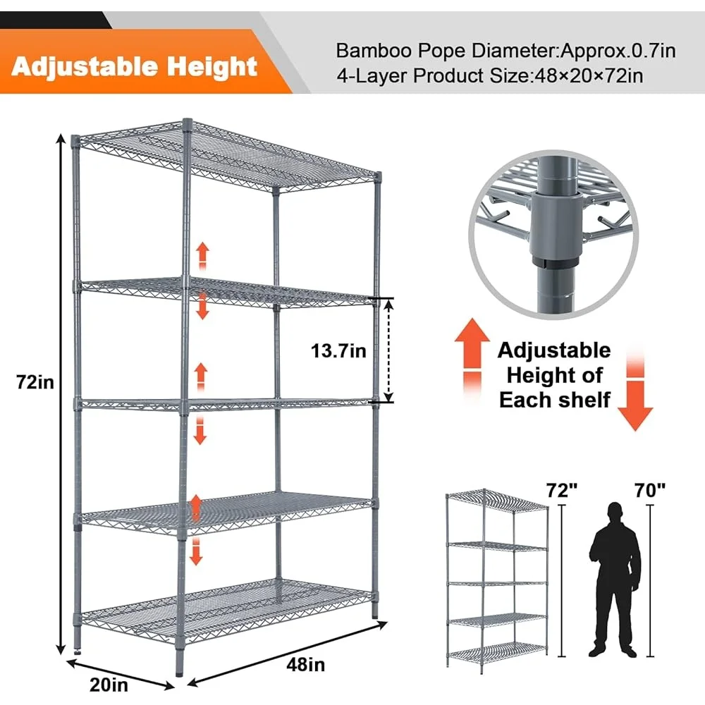 5 Tier Heavy Duty Storage Rack Adjustable Metal Shelving Wire Shelf 350lbs Load Capacity Easy Assembly Kitchen Pantry Garage
