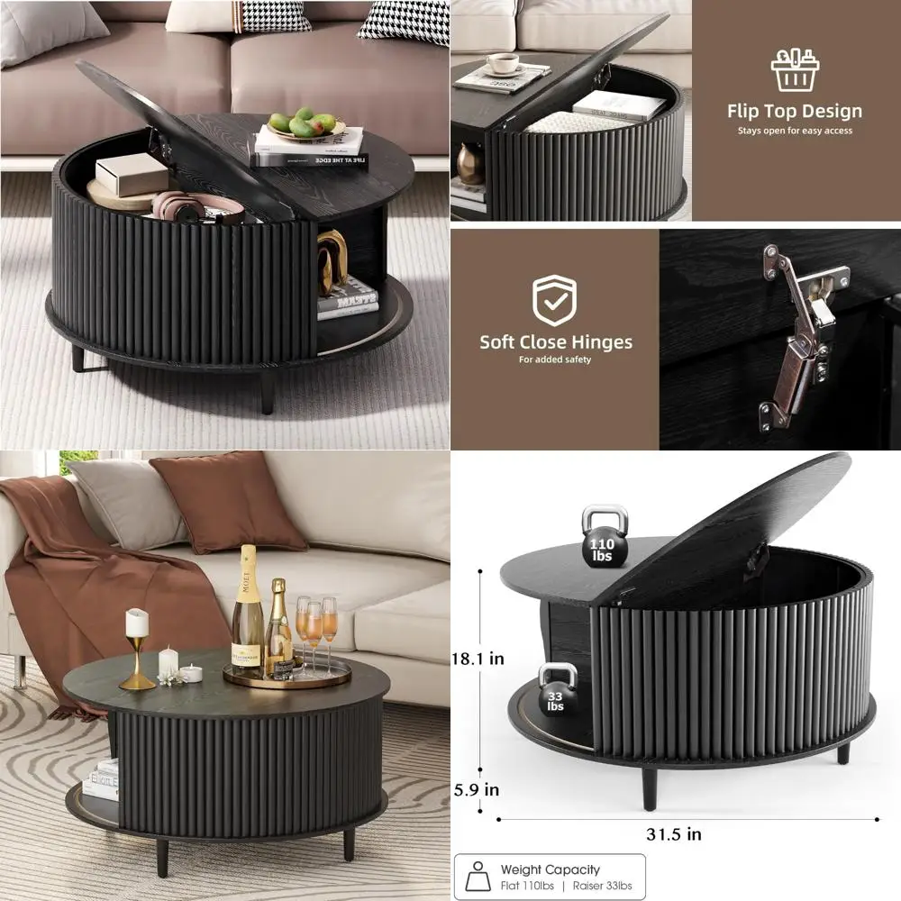 

Mid-Century Modern Storage Coffee Table with Sliding Door, Round Center Table for Living Room, Fluted Design Dining Table