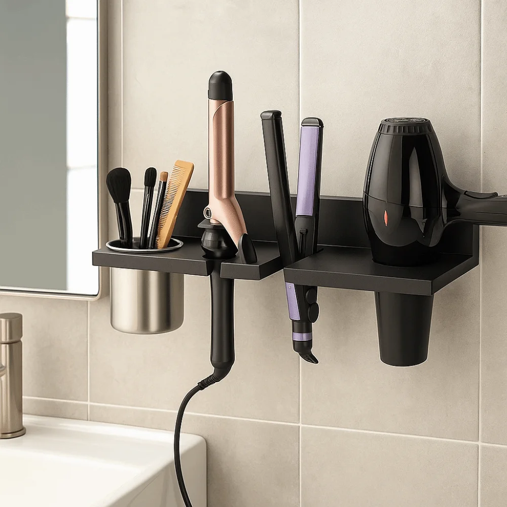 Wooden Hair Dryer Holder Wall-Mounted Stylish Hair Straightener Holder Space Saving Curling Iron Shelf Curling Irons view 5