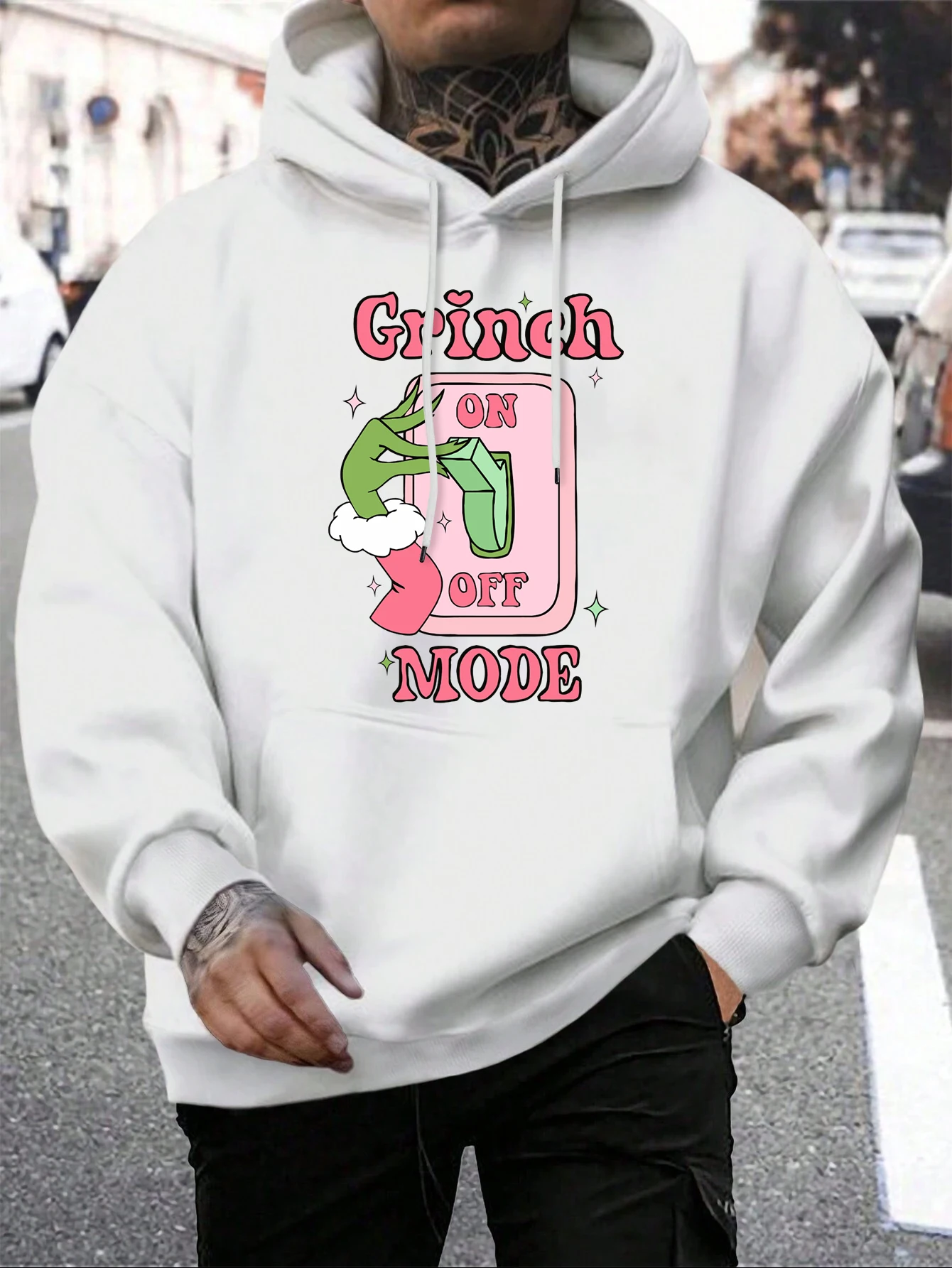 Green Haired Monsters Turn On The Switch Hoodie Man Grinch Mode Letter Hoodies Warm Fleece Fur-Liner Men Hoody Casual Tops