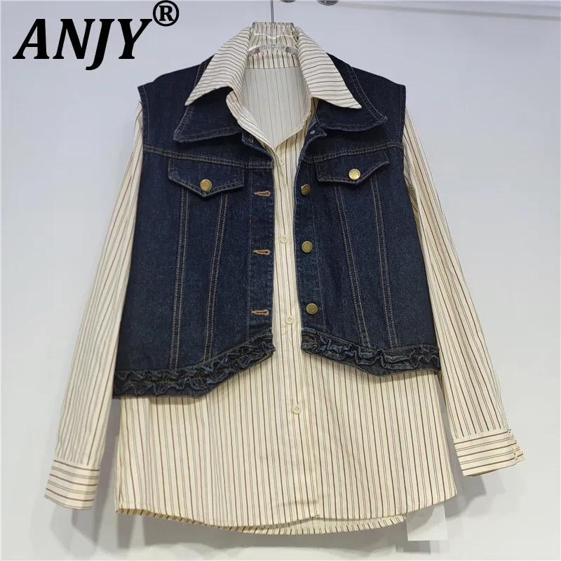 

ANJY Autumn New Women Shirt Stripe Long Sleeve Single Breasted Tops Distressed Denim Waistcoat Preppy Style Two-Piece Set A10282