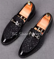 British Style Tassel Metal Chain Decor Embroidery Loafers for Men Retro Shallow Slip-On Derby Shoes Male Wedding Dress Oxfords