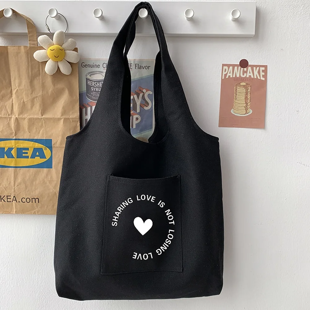 Borsa a tracolla nera del fumetto casuale della donna borsa modello di cibo carino serie di stampa Tote Bag borsa di tela borsa morbida per