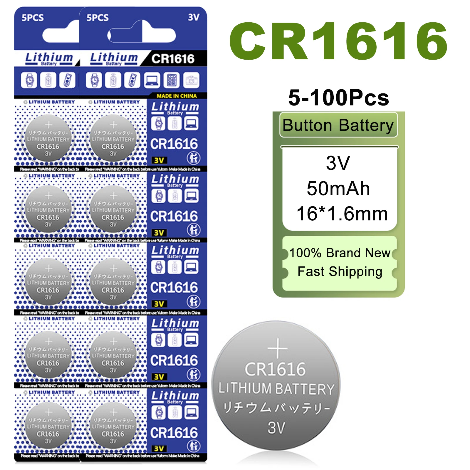 5-100Pcs CR1616 3V Lithium Button Battery CR 1616 DL1616 BR1616 Coins Cell For Watch Clock Calculator Remote Car Key LED Light