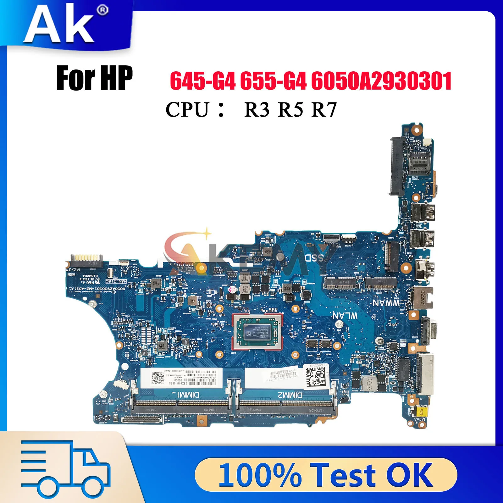 

6050A2930301 For HP ProBook 645 G4 655 G4 Laptop Motherboard L12801-601 L12800-601 With R5-2500U R7-2700U CPU 100% Fully Tested
