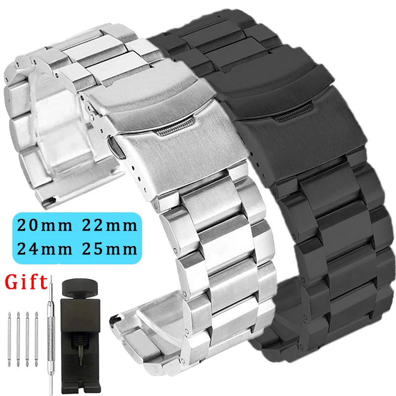 

Металлические ремешки для часов 20 мм, 22 мм, 24 мм, 25 мм, ремешок из нержавеющей стали, браслет с тремя бусинами, складная пряжка, универсальный ремешок для часов