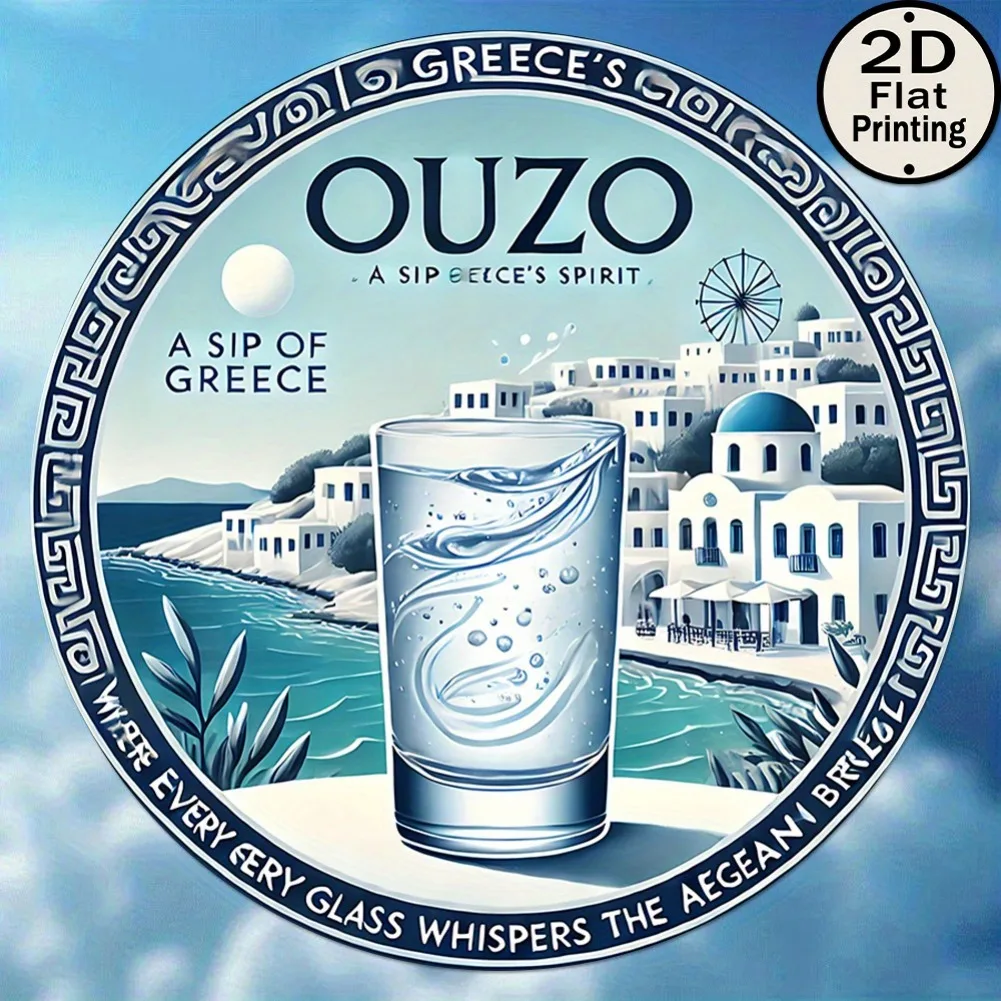 Vintage Greek Ouzo Iron Wall Art, 2D Flat 8x8 Inch Round Sign with Greek Key Design, Mediterranean Style Decor, Pre-Drilled