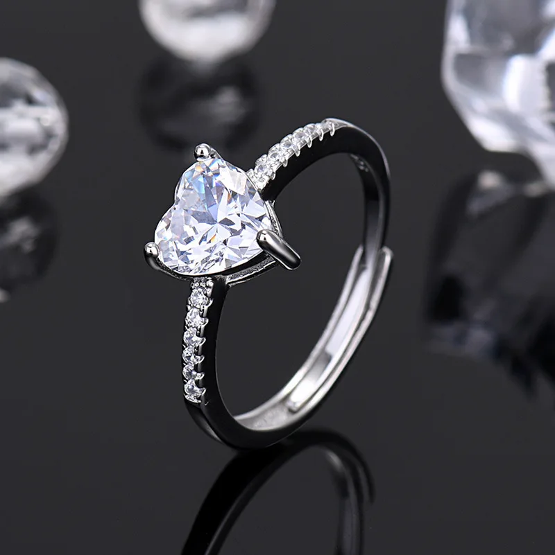

New 925 Silver Ring Heart Shining Stones for Women Sterling-Silver Wedding Simple Jewelry Engagement Gifts Fashion Party Ring