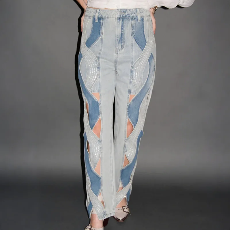 

New Arrival Denim Pants Women Fashion Wide Leg Hole Pants