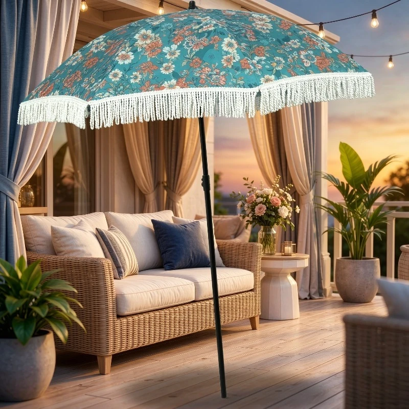 Vintage Floral Beach Umbrella with Sand Anchor Wind Resistant Denim Carry Case European Design Outdoor Sunshade for Windy Days